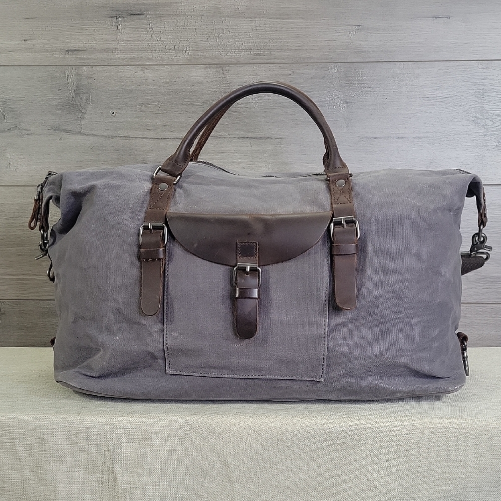 Newhey Gray and Brown Canvas Leather Weekender Travel Duffle Bag
